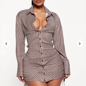 Fashion Nova Brown Patterned Long Sleeve Dress